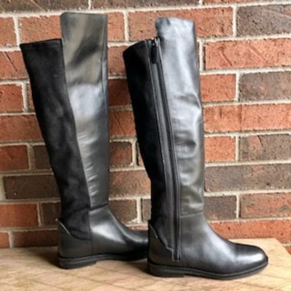 COLE HAAN Chase Black Leather Suede combo Over the Knee Boots 7 MSRP $300 NWOB